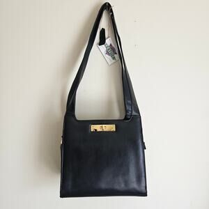 NWT Strada Black Leather 2 Strap Shoulder Purse, Many Pockets